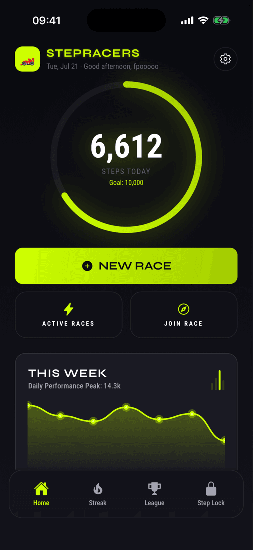 StepRacers home screen with daily step ring at 6,612 steps